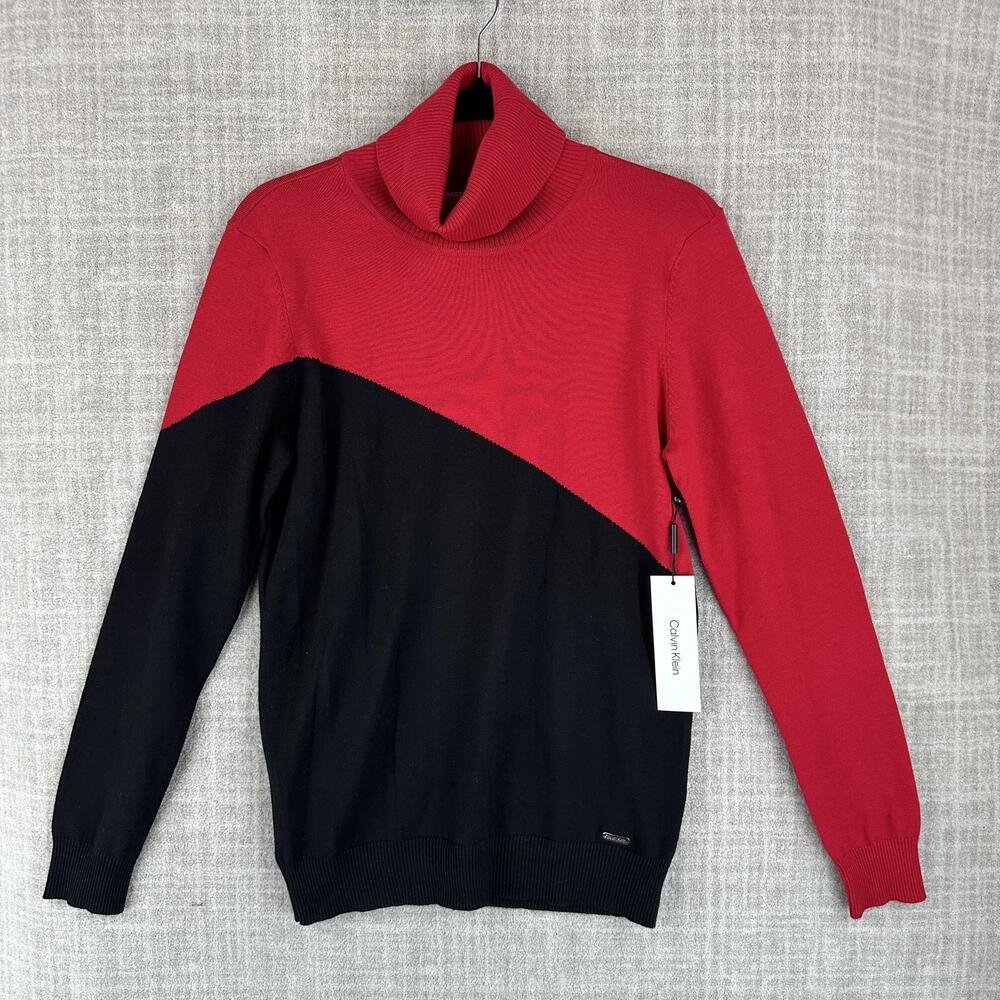 Calvin Klein Sweater Womens M Red Black Turtleneck Pullover Colorblock Knit